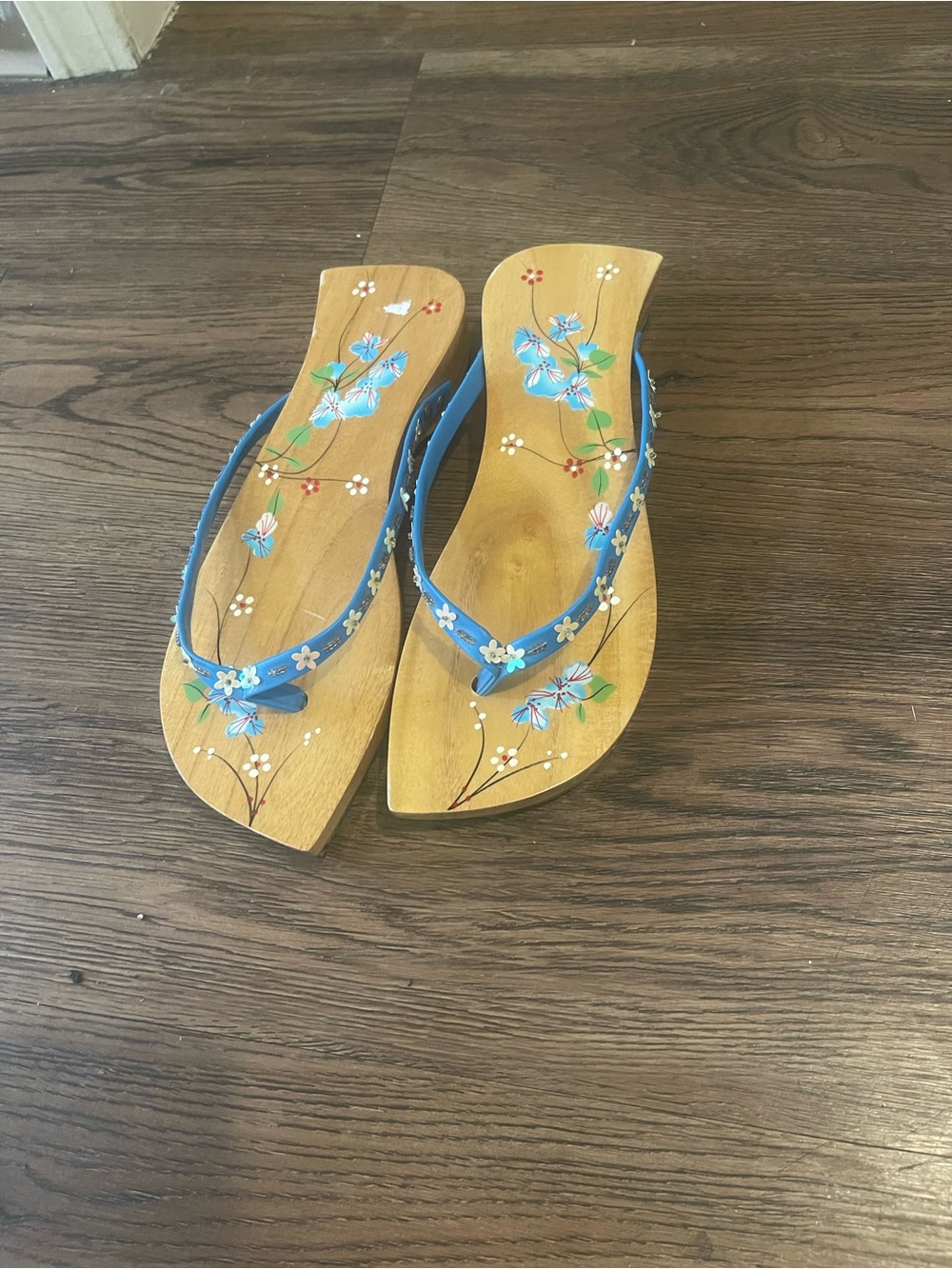 Hand-Painted Blue Floral Wooden Flip Flop Sandals